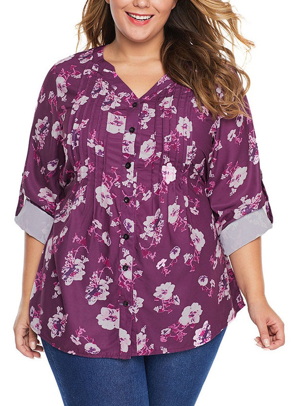 Tandilyn Plus Size Floral Print Pleat V Neck Two Way Sleeve Long Sleeve Shirt Blouse (EXTRA BIG SIZE)  (Blue, Purple)