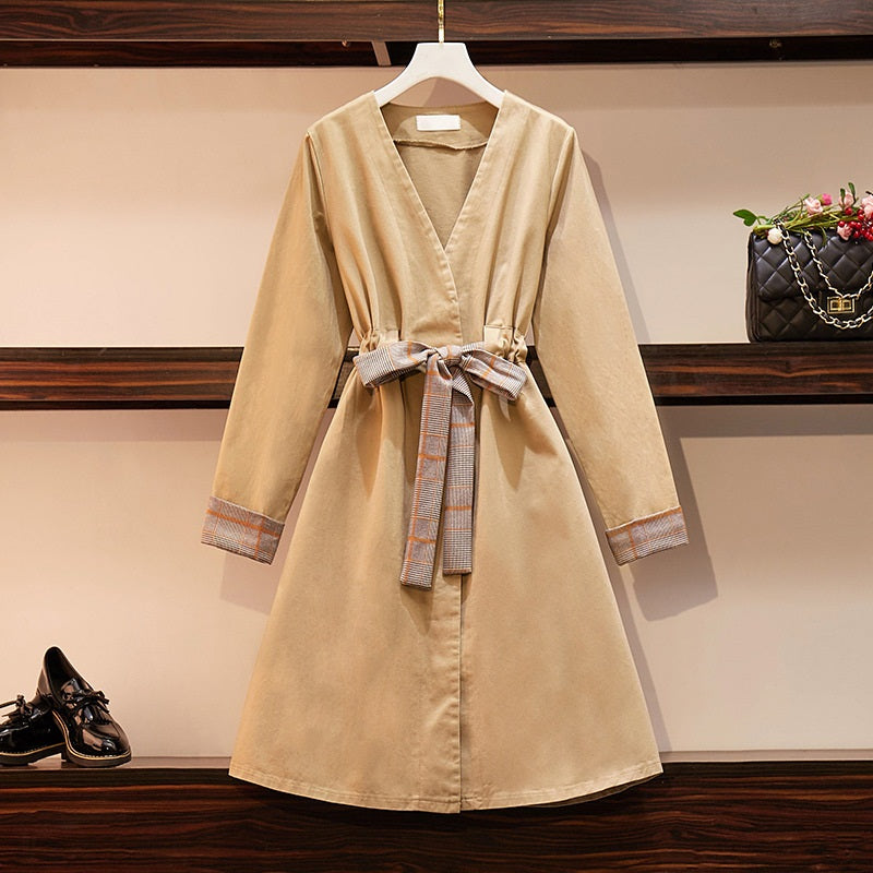 Shingai V Neck Checks Ribbon L/S Dress (Khaki, Black)