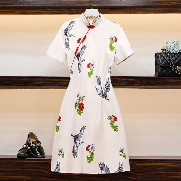 Lashae Plus Size White Cranes Cheongsam Dress