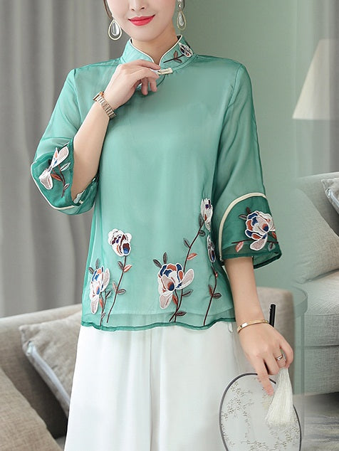 Tiffiney Plus Size Chinese Floral Oriental Embroidery Cheongsam Qipao Mid Sleeve Blouse (Green) / White Wide Leg Pants