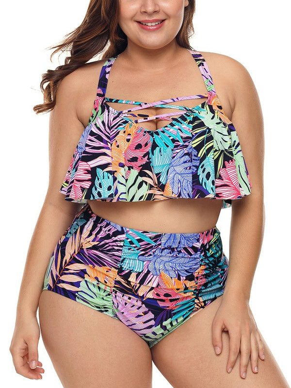 Selini Frill Criss Cross Bikini Top and Highwaist Underwear Bikini Bottom Two Piece Swimsuit Set (Colourful Leafs, Blue Tie Dye)