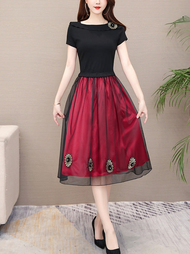 Tulle S/S Midi Dress (Green, Black)