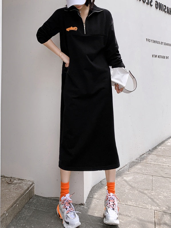 Varduhi Plus Size Challenge Sweater Zip Up Long Sleeve Midi Dress (Orange, Black)