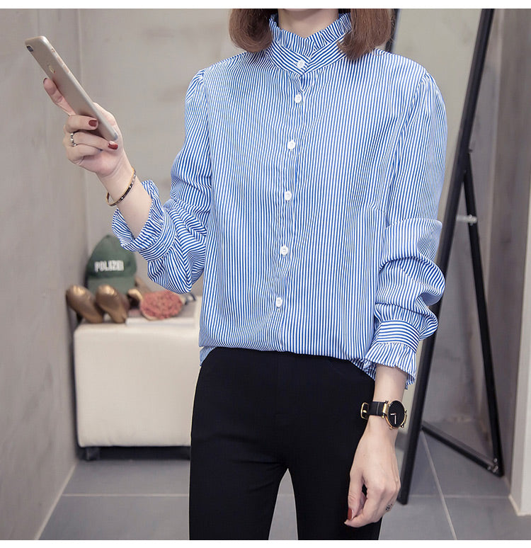 Kinsey Plus Size Blue Stripes High Neck Long Sleeve Shirt Top