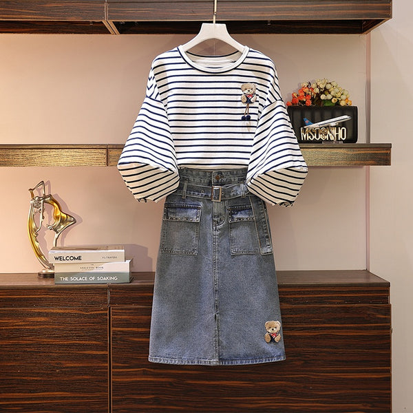 Zenaide Plus Size Stripes Bear Balloon Sleeve 3/4 Mid Sleeve T Shirt Top and Belted Bear Embroidery Denim Pencil Skirt