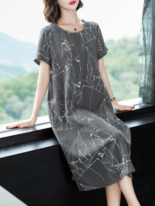 Grey Print S/S Midi Dress