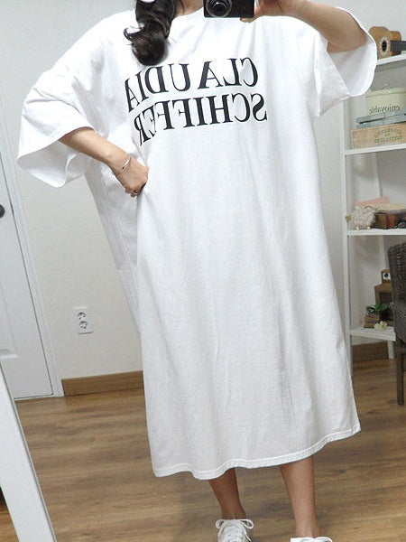 Tabatha Plus Size Casual | Lounge Graphic Words Claudia Short Sleeve Midi T Shirt Dress (Suitable also as Pyjama Dress) (Black, White) (EXTRA BIG SIZE)