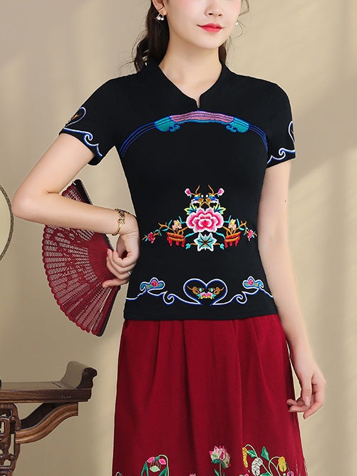 Tiphany Plus Size Cheongsam Qipao Chinese Floral Embroidery V Neck Short Sleeve Top (Red, Black, White) (Suitable For Chinese New Year)