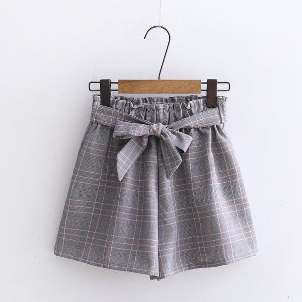 Zarabeth Plus Size High Waist Checked Shorts (Grey)