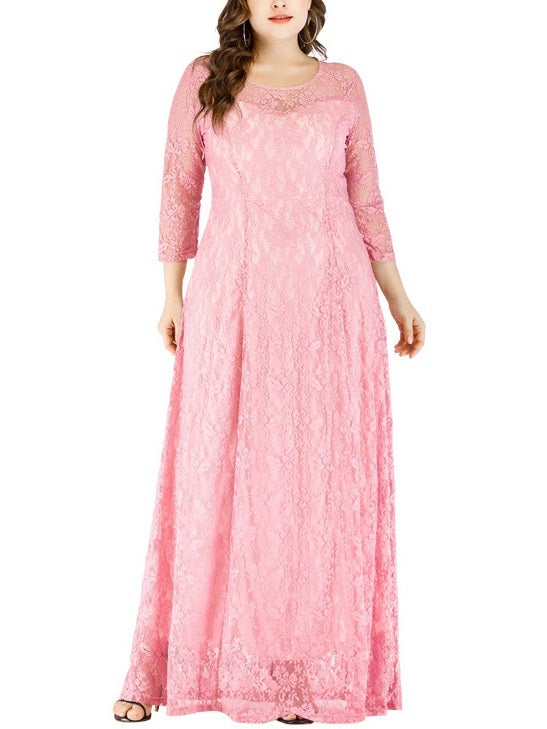 Mikenna Lace Sweetheart Neckline Plus Size Evening Occasion Wedding Long Sleeve Maxi Dress (Pink, White, Black, Red) Gown