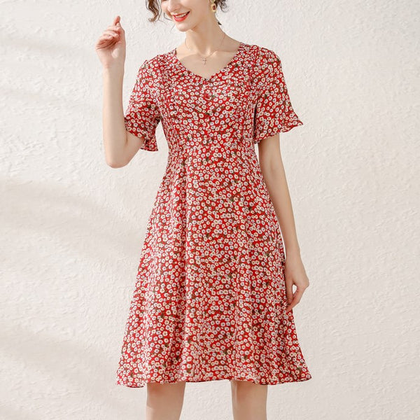 Plus Size Red Floral Chiffon V Neck Short Sleeve Dress