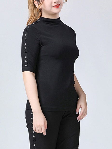 Svetlana Plus Size Black Knit Turtleneck High Neck Short Sleeve T Shirt Top (EXTRA BIG SIZE) (Round Grommet, Shimmer Side, Rainbow Stripe, Stars)