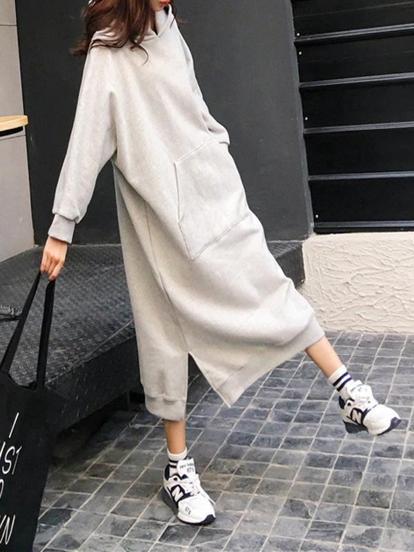 Varsha Plus Size Basic Kangaroo Pocket Hoody Sweater Long Sleeve Midi Dress (Grey, Black)