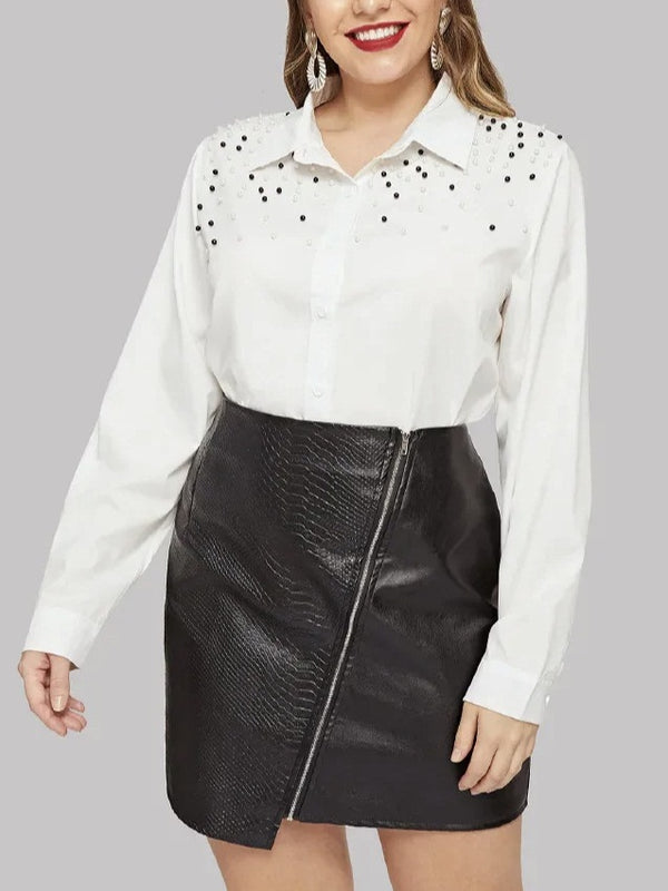 Tauriel Plus Size White Long Sleeve Pearl Studded Long Sleeve Shirt Blouse (EXTRA BIG SIZE)