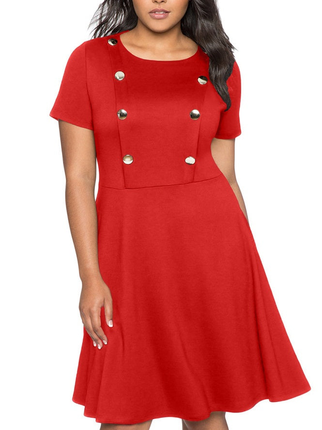 Taney Plus Size Red Swing Double Breast Buttons Short Sleeve Dress