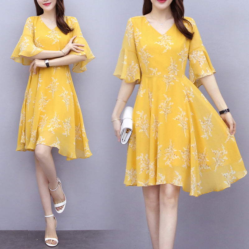 Kendra Plus Size Yellow Floral Chiffon Swing Short Sleeve Dress