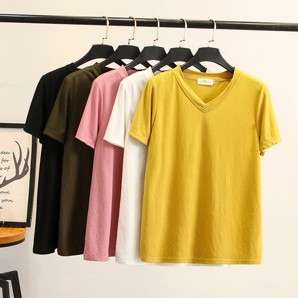 Zarah Plus Size V Neck Short Sleeve T Shirt Top (Black, Army Green, Red, Pink, White, Yellow)