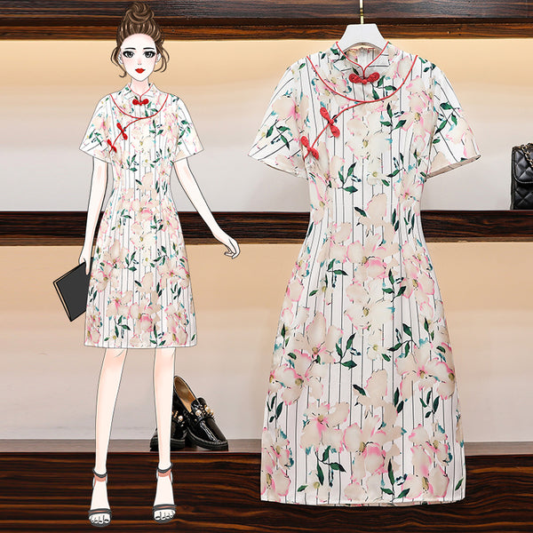 Lashawn Plus Size Oriental Floral Stripe Modern Cheongsam