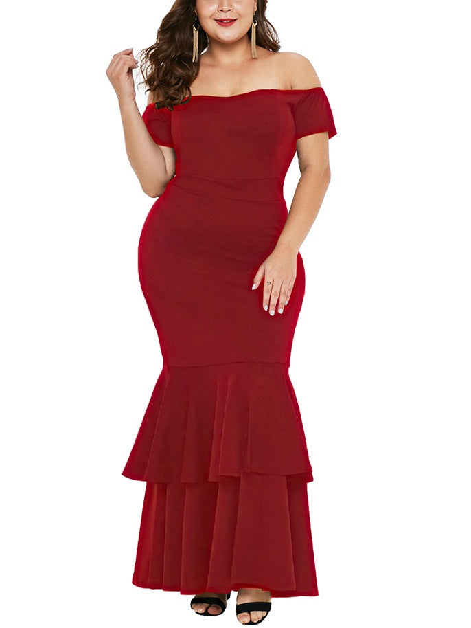 Sorsha Plus Size Dinner Occasion Prom Formal Wedding Evening Dress Gown Off Shoulder Bodycon Mermaid Fishtail Hem With Sleeves Short Sleeve Maxi Dress (Black, White, Red) (EXTRA BIG SIZE)