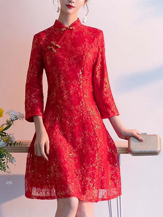Teresita Plus Size Cheongsam Qipao Gold And Red Lace Oriental High Neck Mid Sleeve Dress (Red, Grey) (Suitable For Weddings,  ROMS, Dinners, Mother Of The Bride, Chinese New Year)