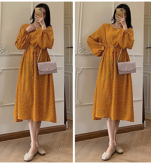 Plus Size Polka Dots Waist Tie Long Sleeve Midi Dress
