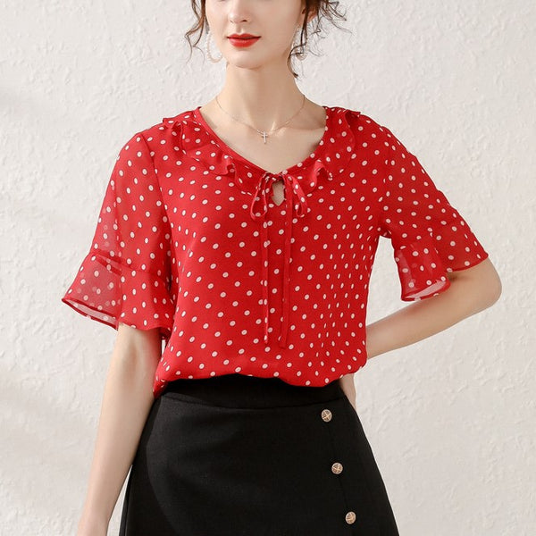 Plus Size Red Polka Dots Chiffon Short Sleeve Blouse