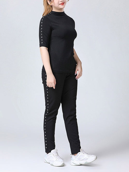 Sveva Plus Size Knit Slim Black Skinny Long Pants (EXTRA BIG SIZE) (Hollow Round Grommet, Shimmer Side, Rainbow Stripe, Full Round Metal Stud)