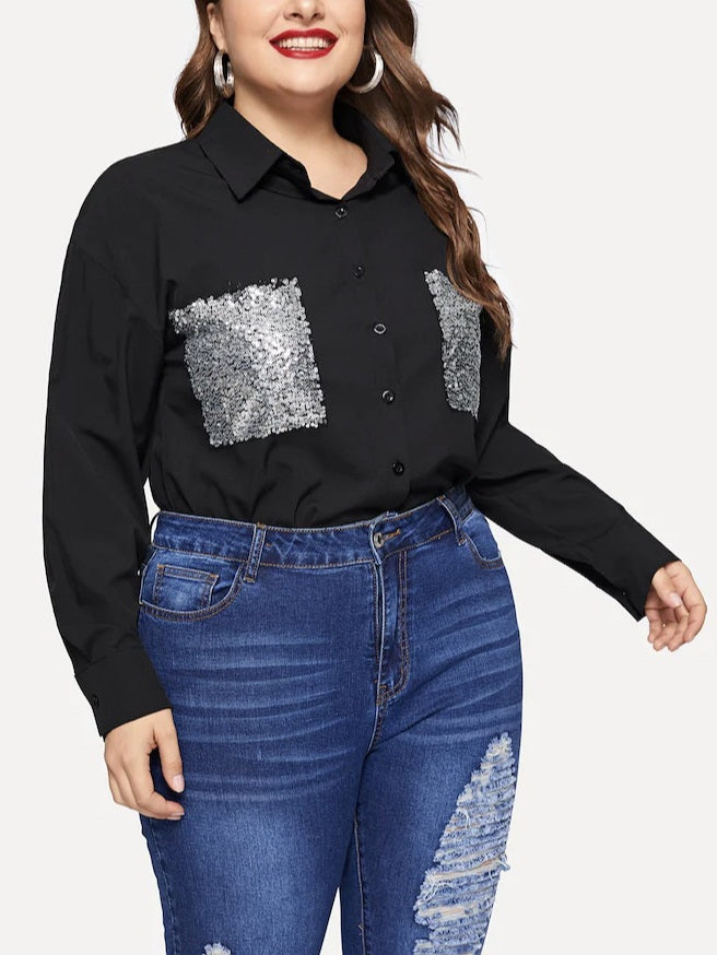 Tausha Plus Size Silver Sequins Pockets Long Sleeve Shirt Blouse (EXTRA BIG SIZE)