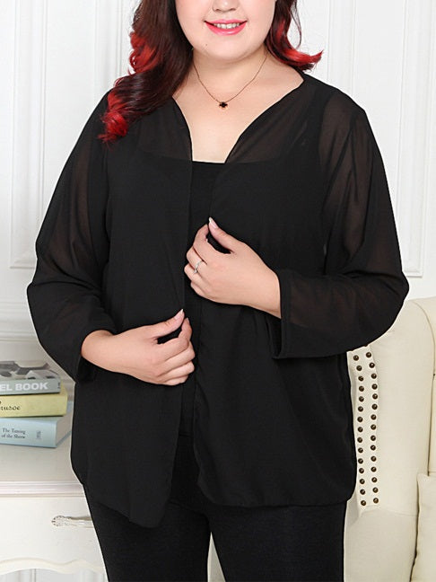 Tabby Plus Size Basic Work / Going Out Chiffon Cover Jacket (Black, White) (EXTRA BIG SIZE)