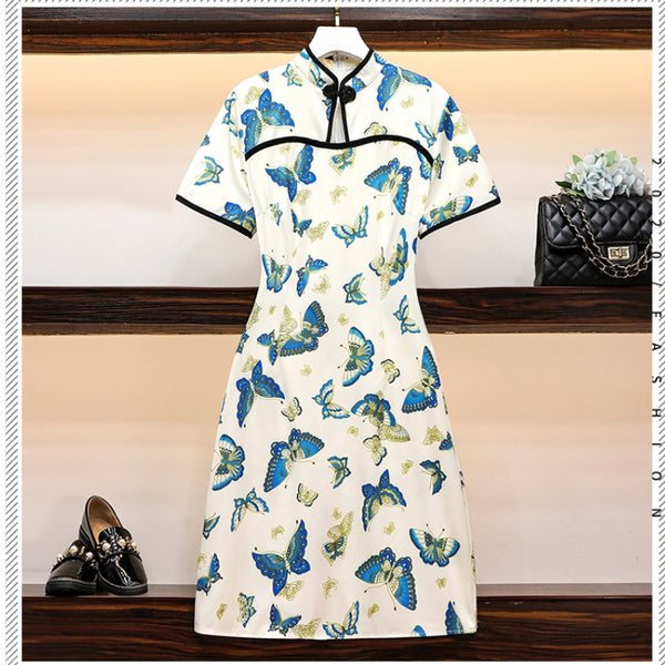 LaShaye Plus Size Modern Blue Butterfly Cheongsam Dress