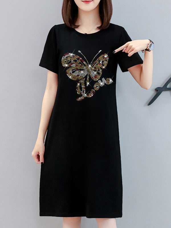 Varsnie Plus Size Black Embellished Butterfly Short Sleeve T Shirt Dress