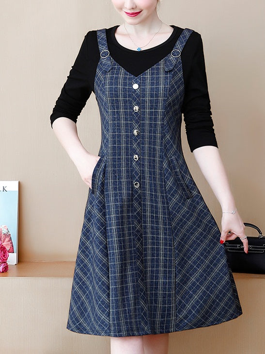 Trenay Plus Size Buttons Checks Mock 2 Piece Long Sleeve Dress (Suitable For Work, Office, Weekends)