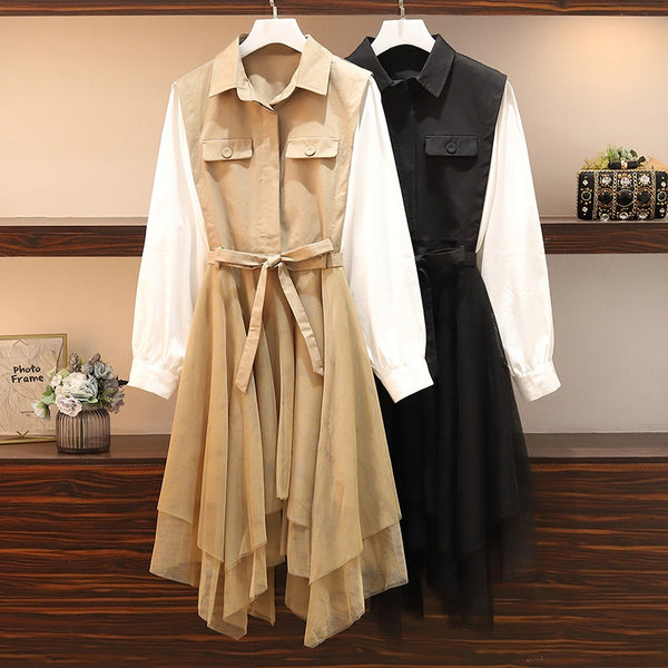 Shiola Contrast Sleeve Tulle Hem L/S Midi Shirt Dress (Khaki, Black)