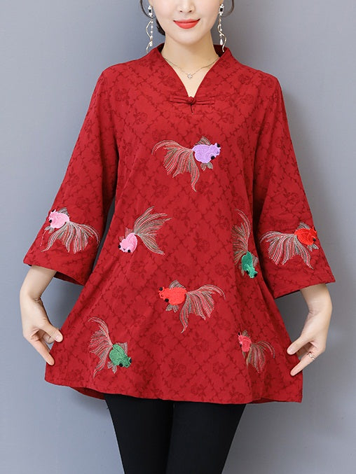 Truelian Plus Size Cheongsam Qipao Goldfish Embroidery Mid Sleeve Blouse (Suitable For Casual, Chinese New Year, Office And Weekends) (Green, Red, Blue, Black)