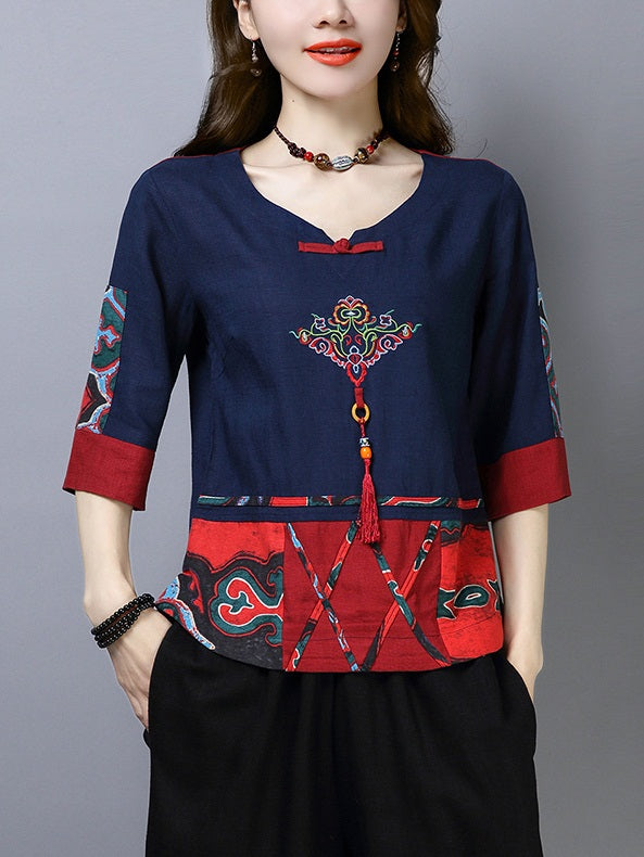 Tiril Plus Size Ethnic Embroidery Tassel Pattern Mid Sleeve Blouse (Red, Blue) (Suitable For Chinese New Year)