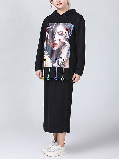 Swan Plus Size Autumn Graphic Sweater Hoody Long Sleeve Top And Knit Slit Back Midi Skirt Set (EXTRA BIG SIZE) (Black Colourful Drip Girl, Grey Crown Girl, Black Colourful Pom Pom Girl, Grey
