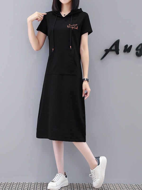 Varvara Plus Size Cotton Hearts Embroidery Black Kangaroo Pocket Hoody Short Sleeve Midi Dress