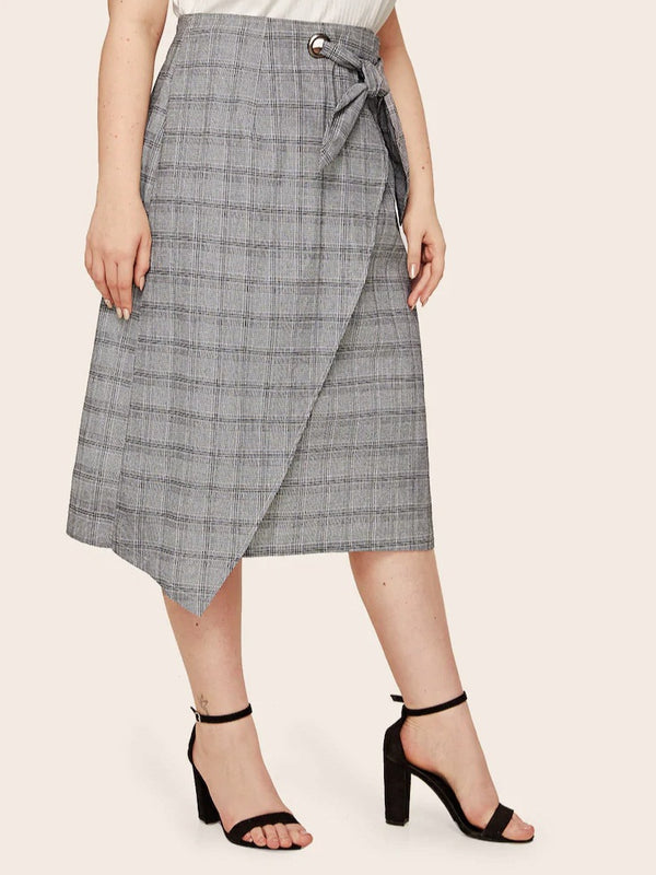 Tavi Plus Size Grey Checks Wrap Midi Skirt (EXTRA BIG SIZE)