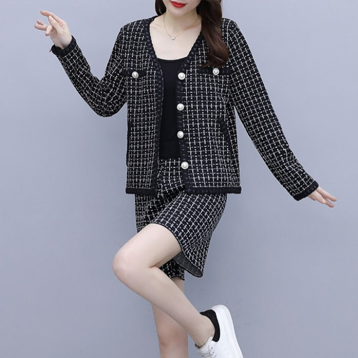 Kiira Plus Size Chanel-Esque Knit Jacket And High Waist Shorts Set