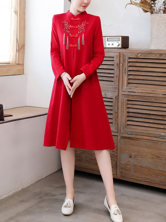 Truely Plus Size Cheongsam Qipao Pleat Long Sleeve Dress (Suitable For Casual, Chinese New Year, Office And Weekends) (Red, Blue)