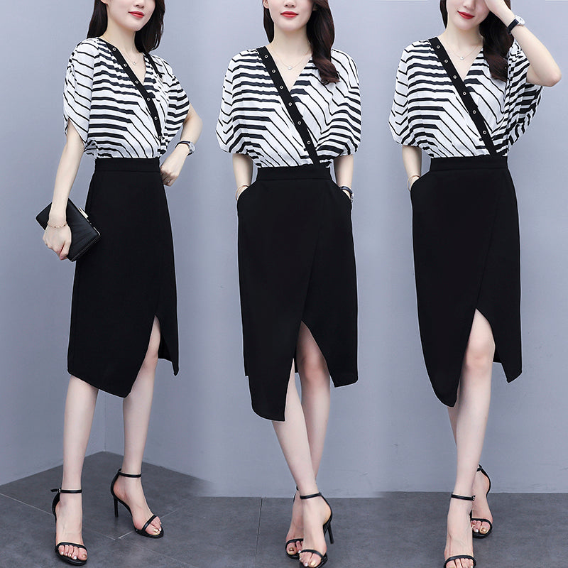 Kendyl Plus Size Stripe Wrap V Neck Short Sleeve Midi Dress