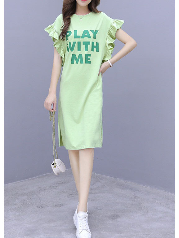 Vasantha Plus Size Play Frills Green Side Slit Short Sleeve T Shirt Dress