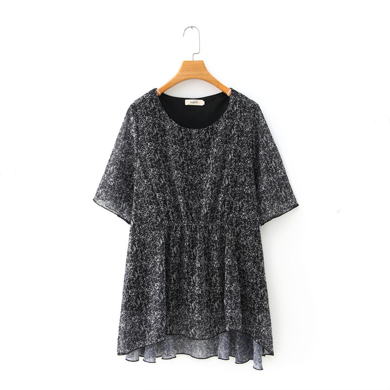 Kyuara Plus Size Black Printed Chiffon Babydoll Short Sleeve Top