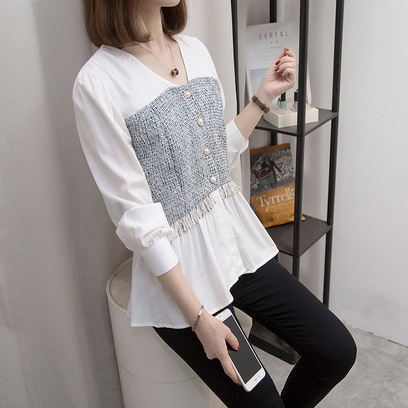 Kiirah Plus Size Chanel-Esque Tweed Layer Long Sleeve Blouse