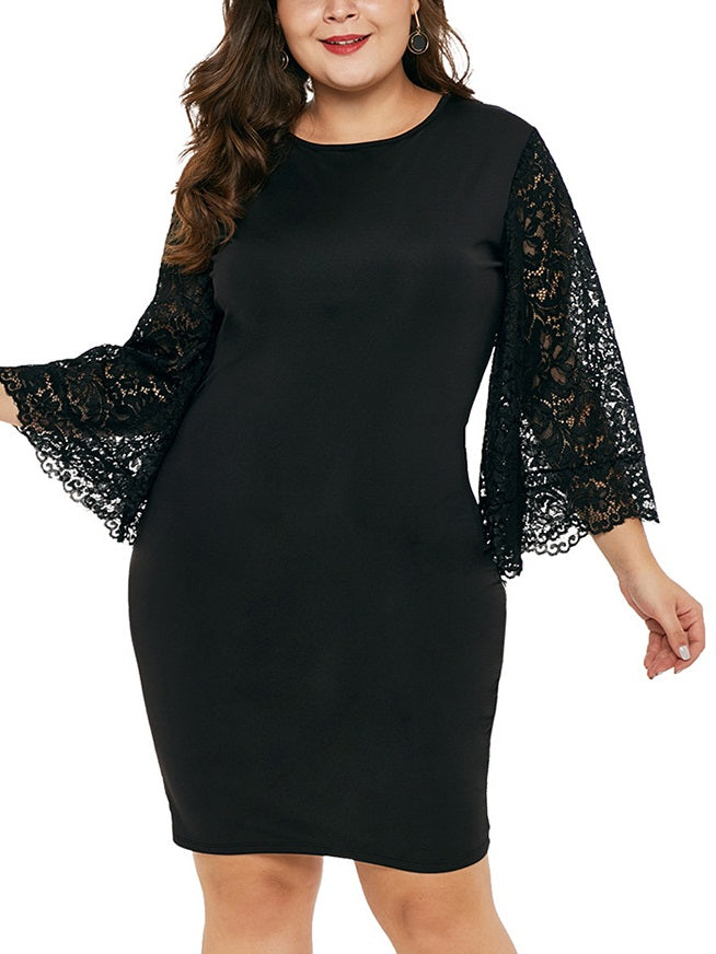 Sotiria Plus Size Office Work Dinner Occasion Prom Formal Wedding Evening Dress Bodycon Flare Lace Sleeve With Sleeves Mid Sleeve Dress (Black, Blue) (EXTRA BIG SIZE)
