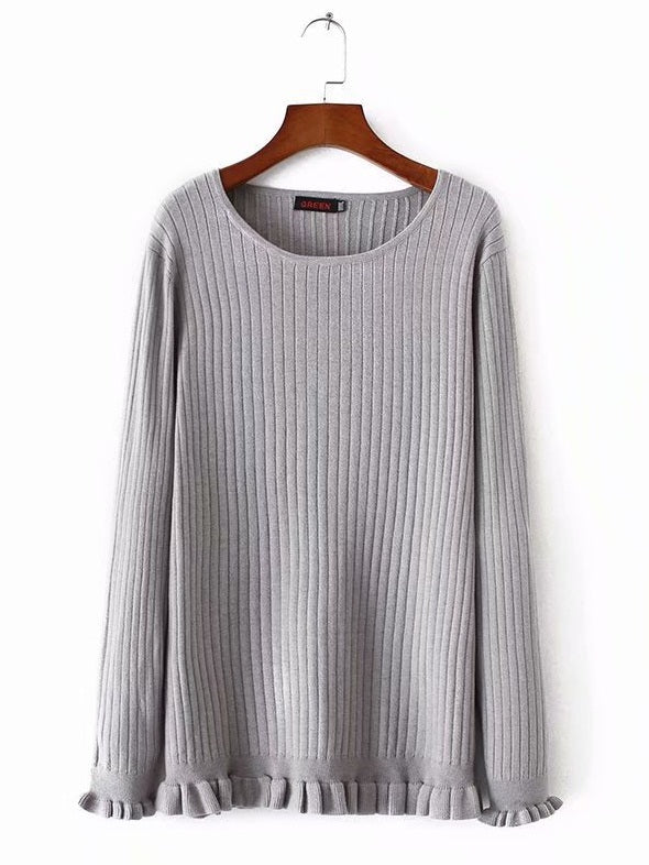 Stellina Plus Size Women's Winter Sweater Long Sleeve Top Ribbed Frill (Black, Grey, Khaki) (EXTRA BIG SIZE)