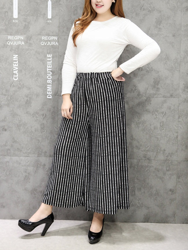 Tabetha Plus Size Work | Casual Stripes Black Wide Leg Culotte Capri Pants  (EXTRA BIG SIZE)