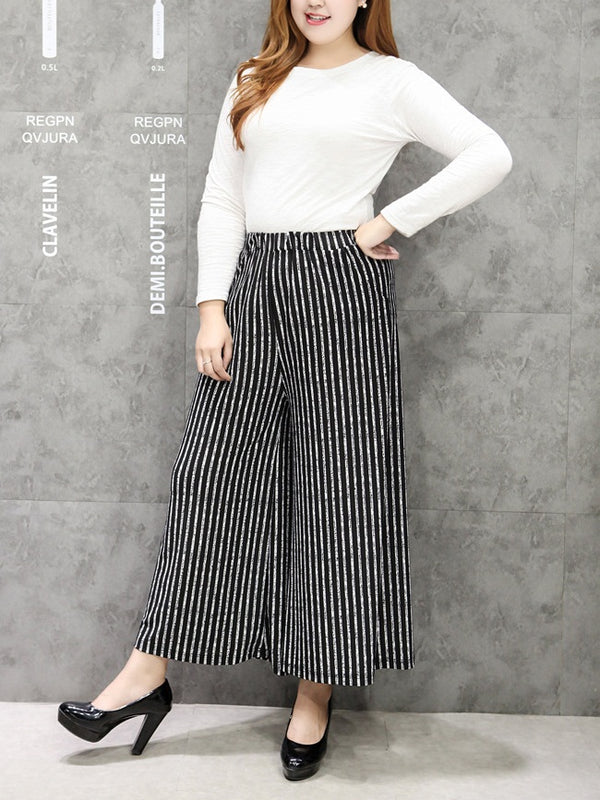 Tabetha Plus Size Work | Casual Stripes Black Wide Leg Culotte Capri Pants  (EXTRA BIG SIZE)