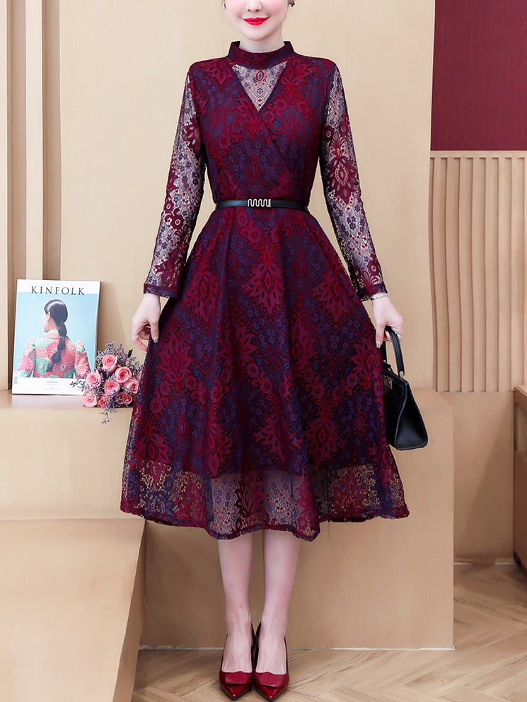 Yaneliz Plus Size High Neck Lace With Belted Occasion Long Sleeve Midi Dress (Red, Black)