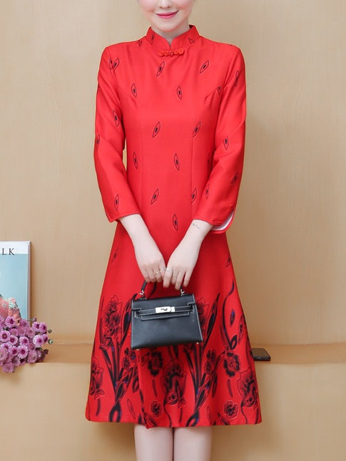 Trula Plus Size Floral Print Cheongsam Qipao Long Sleeve Midi Dress (Suitable For Casual, Chinese New Year, Office And Weekends) (Red, Green)